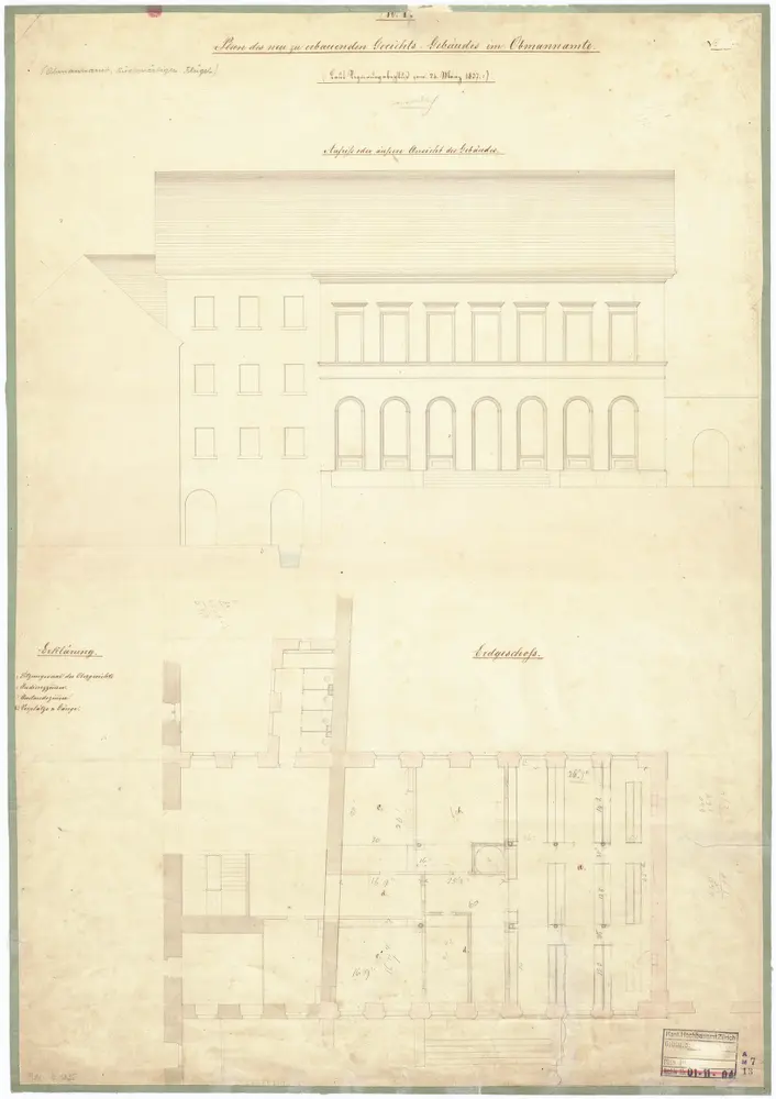 Obmannamt: Projektiertes Gerichtsgebäude, rückwärtiger Flügel; Ansicht und Grundriss (Erdgeschoss)