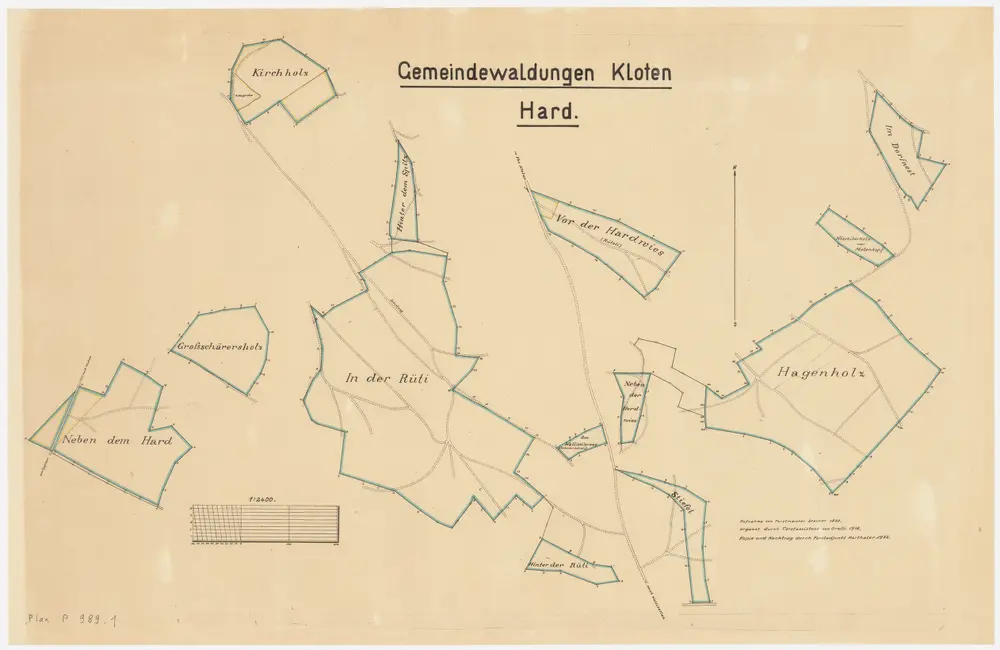 Kloten: Gemeindewaldungen: Hard mit Hagenholz, Dorfnäst (Dorfnest), Staudenhölzli, Grossschärersholz, Näbethard (Neben dem Hard), Rüti, Hardwis (Hardwies), Spitz, Kirchholz, Studenhölzli (Staudenhölzli), Brinersholz, Molenchopf (Molenkopf oder Nöschikerholz), Stifel (Stiefel); Grundrisse