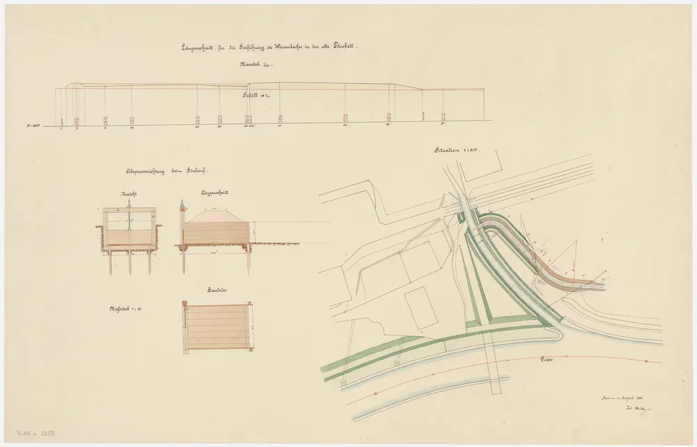 Bauma: Einmündung des Wissenbachs in das alte Tössbett; Situationsplan, Längsprofil, Ansicht, Längsschnitt und Grundriss