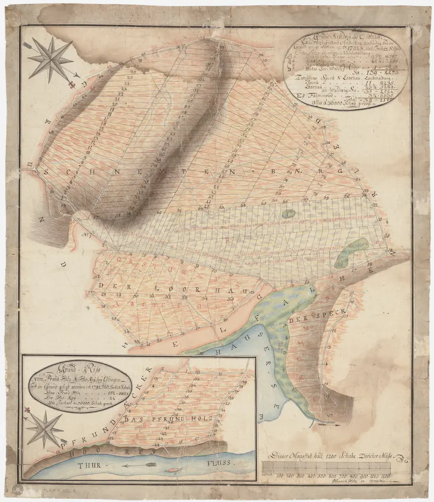 Ossingen: Staatswaldung: Schneitenberg, Speck, Loorhau (Lohrhau), Husemersee (Hausersee), Pfruendholz (Pfrundholz), Hoo-Rey; Grundrisse