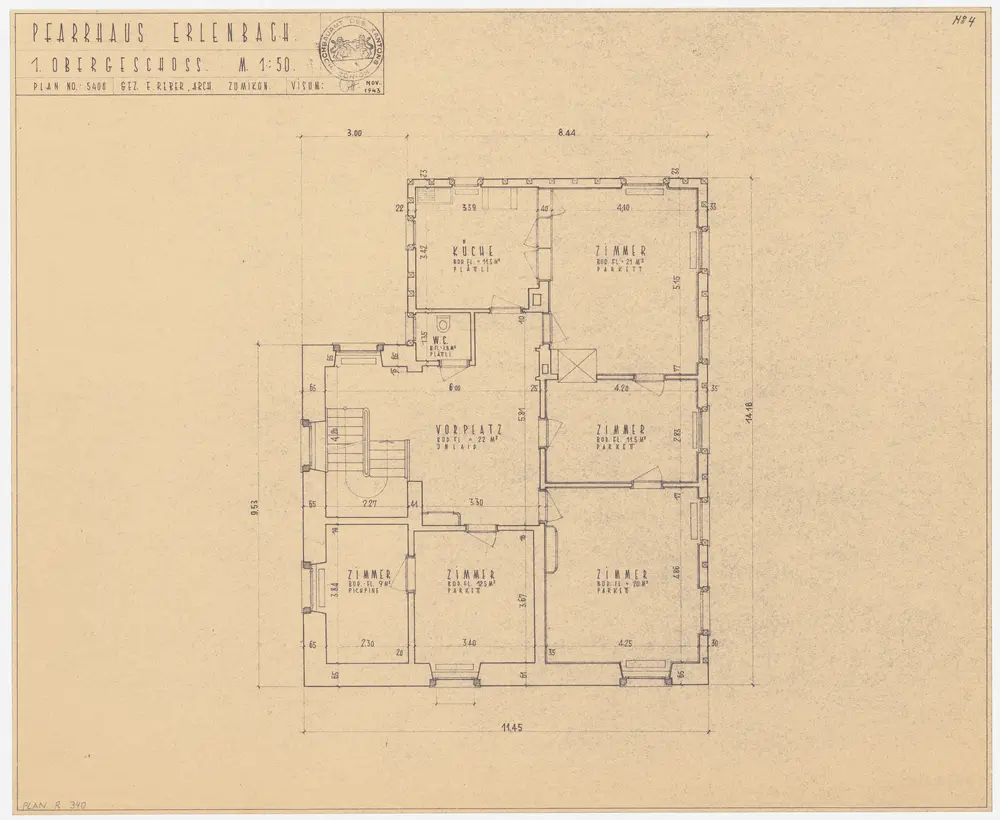 Erlenbach: Pfarrhaus, 1. Stock; Grundriss (Nr. 4)