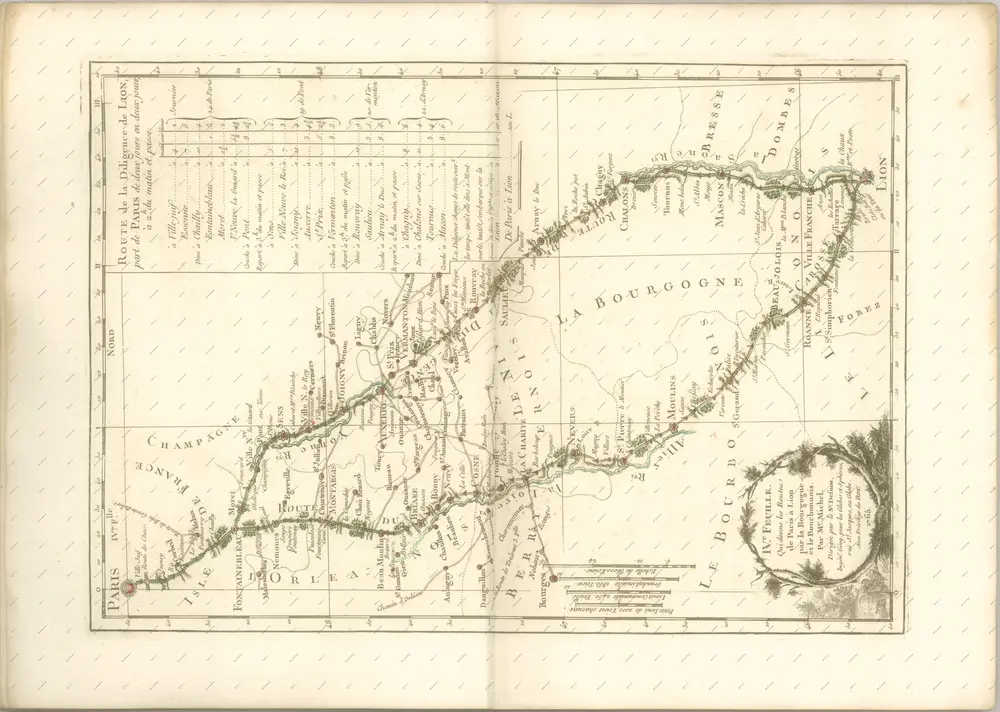 mapa z atlasu "L' Indicateur fidele, ou Guide des Voyageurs, qui enseigne Toutes les Routes Royales et Particulieres de la France, Routes levées Topographiquem dés le Commencement de ce Siécle, et Assujetties á une Graduation Géométrique, contenant Toutes les Villes, tous les Bourgs, Villages, Hameaux, Fermes, Chateaux, Abbayes, Communautés, Eglises, Chapelles, et autres Maisons Religieuses, les Moulins, les Hotelleries, les Justices, et les Limites des Provinces, les Fleuves, les Riviéres, les Ruißeaux,les Etangs, les Marais, les Ponts, les Gués, les Montagnes, les Bois, les Jardins, les Parcs, les Aveniies, et les Prairies traversés par les Grandes routes, et accompagné d'un Itinéraire Instructif et raisonné sur chaque Routes, qui donne le Jour et l ́heure du Départ, de la Dinée et de la Couchée tant des coches par Eau, que des carrosses, diligences et messageries du Royaume avec le Nombre des Lieues que ces différentes Voitures font chaque jour"