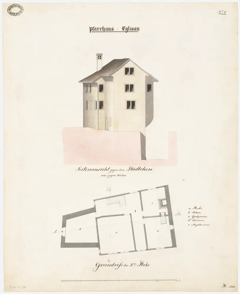 Eglisau: Pfarrhaus; Westansicht und Grundriss des 3. Stocks (Nr. 7)