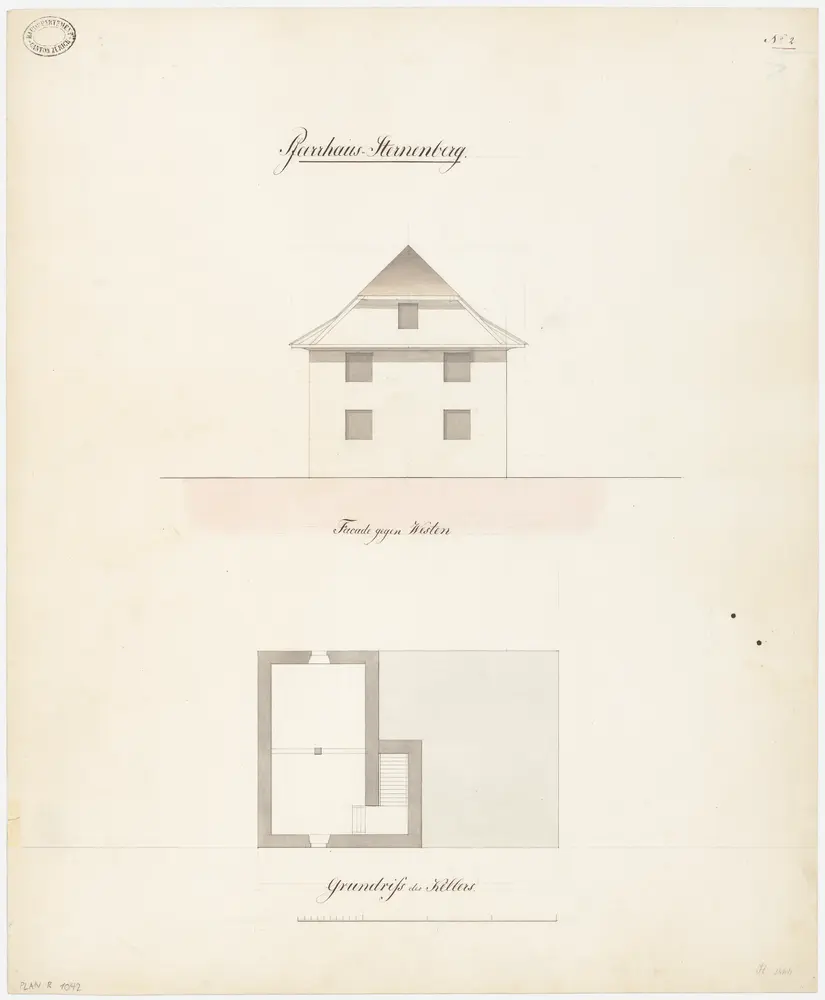 Sternenberg: Pfarrhaus; Grundriss des Kellers und Westansicht (Nr. 2)