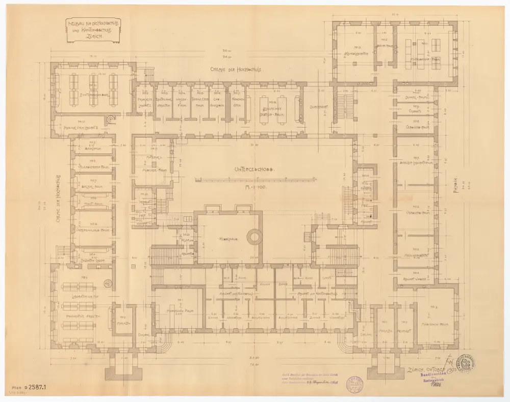 Universität Zürich (Chemisches Institut) und Kantonsschule Zürich, Neubau Rämistrasse 76: Ansichten, Grundriss und Schnitte: Untergeschoss; Grundriss