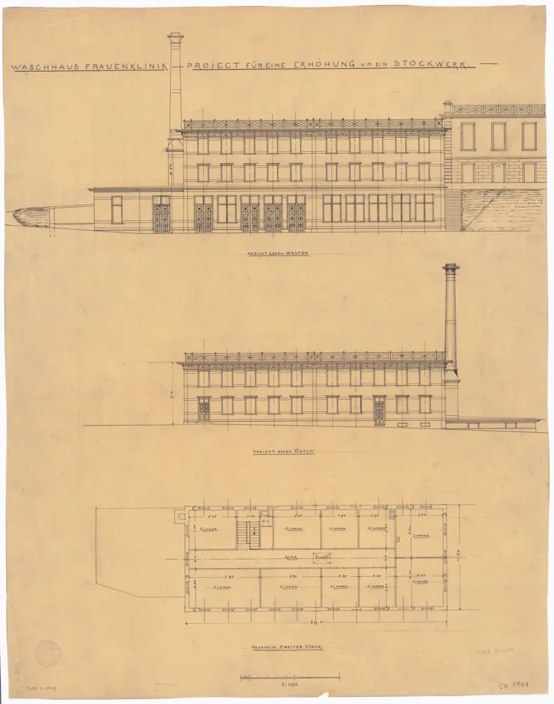 Frauenklinik Zürich, Waschhaus: Projekt für eine Erhöhung um ein Stockwerk; West- und Ostansicht und Grundriss (2. Stock)