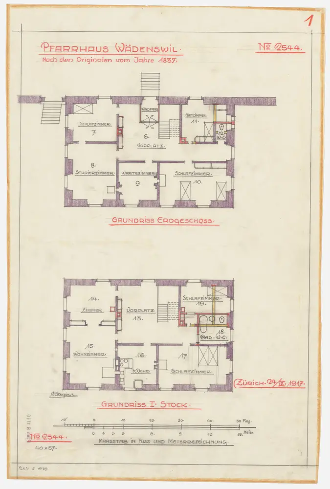 Wädenswil: Pfarrhaus, Erdgeschoss und 1. Stock; Grundrisse (Nr. 1)