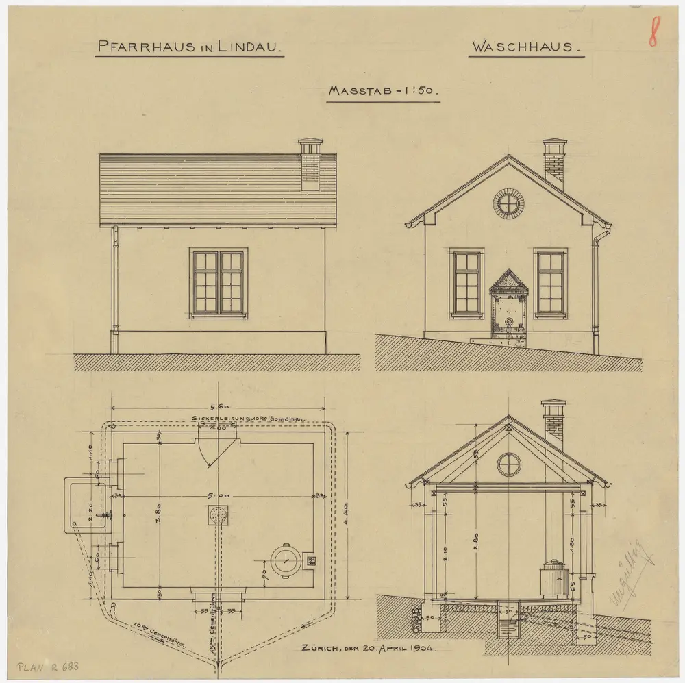 Lindau: Waschhaus; Grundriss, Ansichten und Querschnitt (Nr. 8)