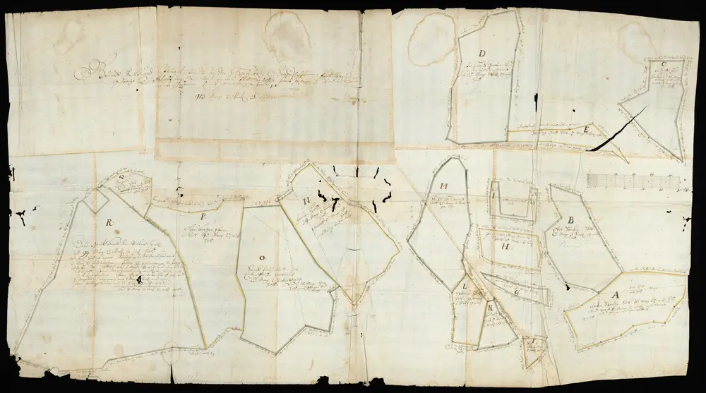 HZAN GA 100_Nr. 336_ : Pfedelbach; "Grundriß ... über die zu der Pfedelbachischen Herrschaft gehörigen Felder";ohne Verfasser;ohne Maßstab;80 Ruten = 16 cm;117 x 65,5 cm;Papier; Federzeichnung; Grenzen in Wasserfarben; Eintrag der Flurnamen, des Meßgehalts und der Anlieger.