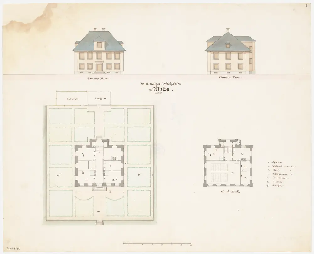 Altikon: Pfarrhaus (ehemaliges Schlossgebäude); Grundrisse des 1. und 2. Stocks, Nord- und Westansichten (Nr. 1)