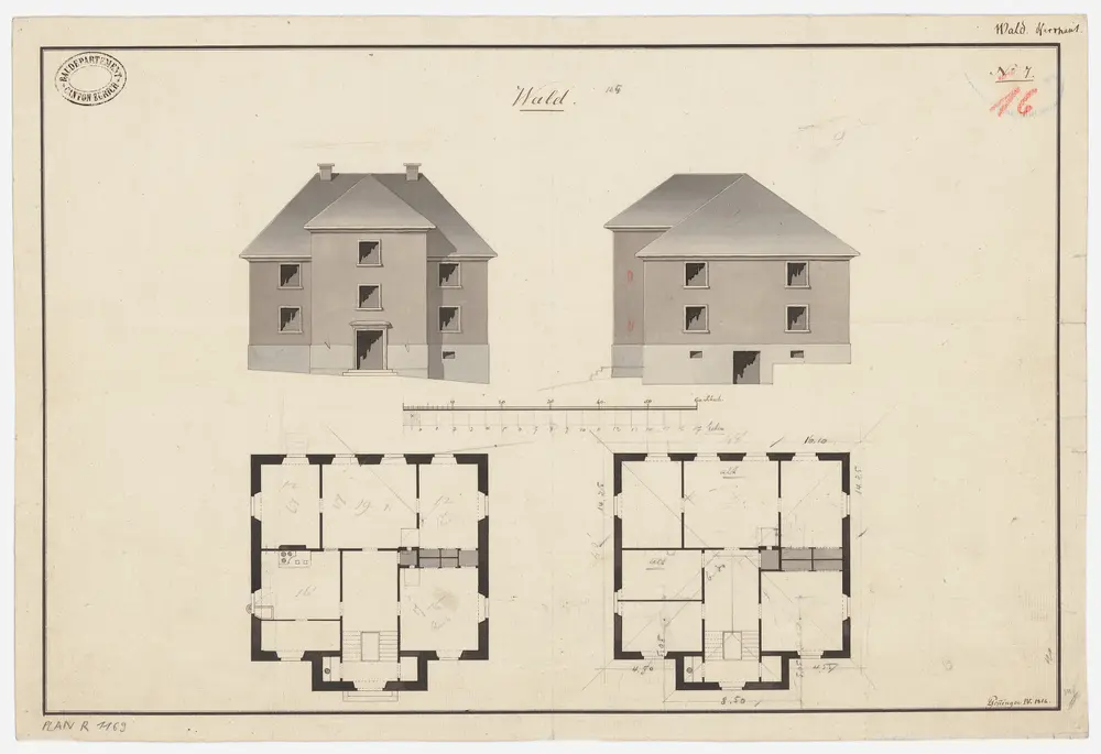 Wald: Pfarrhaus; Grundrisse des Erdgeschosses und des 1. Stocks und Ansichten (Nr. 16)