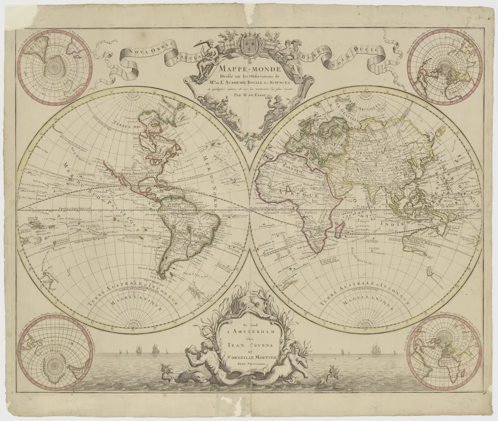 "Mappemonde dressé sur les observations de Mrs de l'Académie Royale des Sciences enz.", met dubbeltitel: "Nova orbis tabula ad usum serenissimi Burgundiae Ducis." (Twee halfronden).