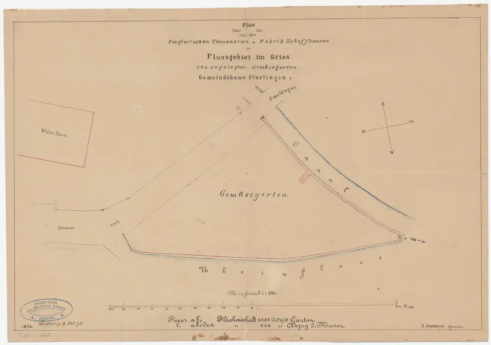 Flurlingen: Rhein beim Kanalauslauf der Tonwarenfabrik Ziegler, neuangelegter Gemüsegarten; Situationsplan