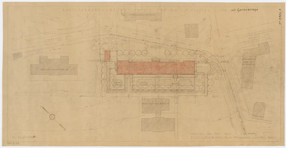 Zürich: Kantonsspital, Dermatologische Klinik mit Gartenanlage; Grundriss