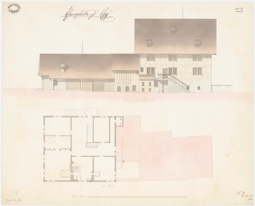 Egg: Pfarrhaus; Südansicht und Grundriss des 1. Stocks (Nr. 3)