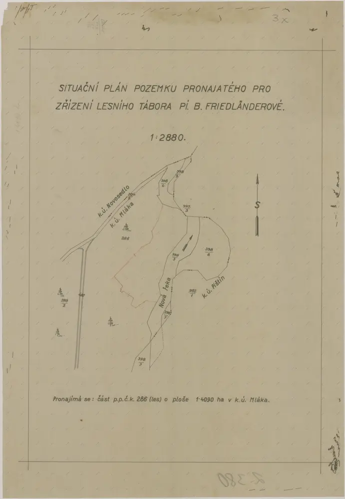 Situační plán pozemku pronajatého pro zřízení lesního tábora pí. B. Friedländerové 1