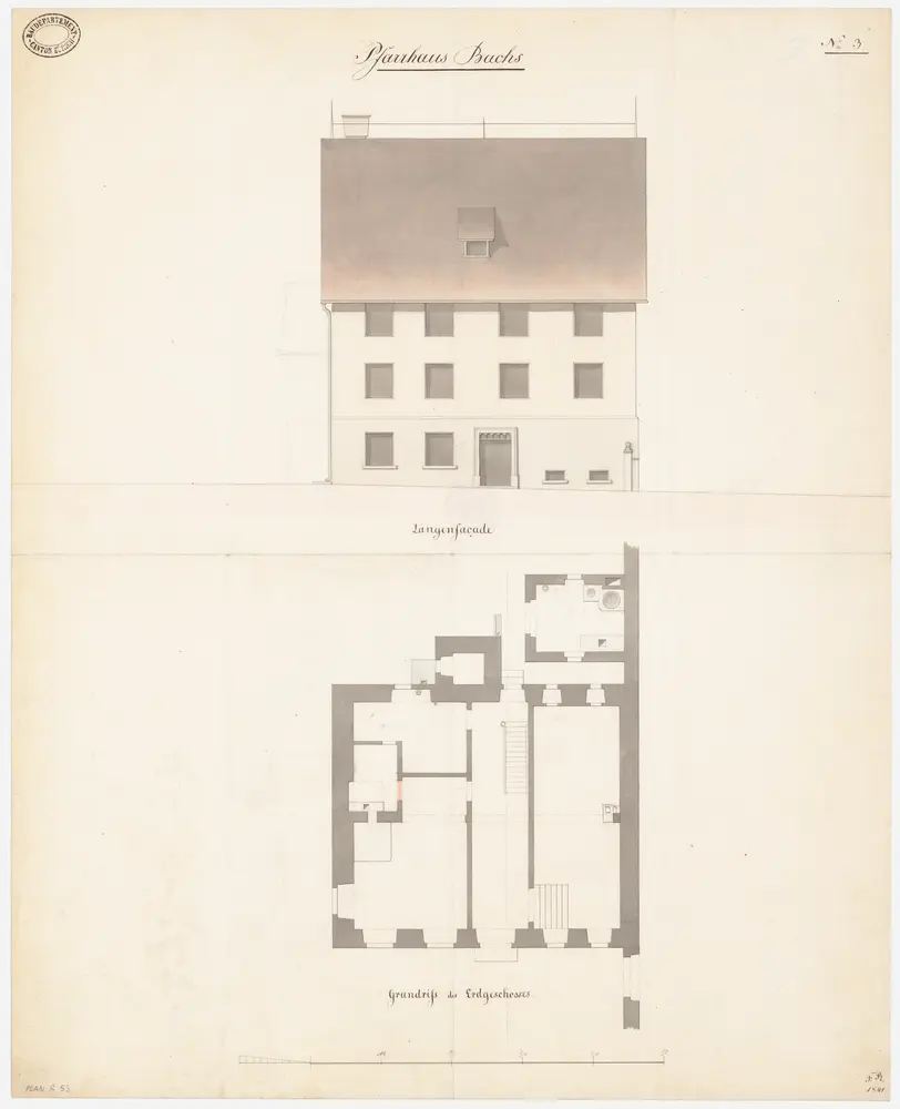 Bachs: Pfarrhaus; Ansicht der Längsfassade und Grundriss des Erdgeschosses (Nr. 3)