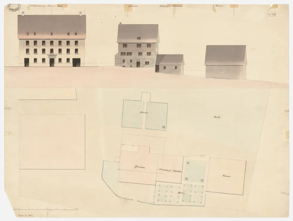 Uster: Pfarrhaus mit angebautem Holz- und Waschhaus, Wirtshaus zum Kreuz und Scheune; Grundriss und Ansicht (Nr. 10)