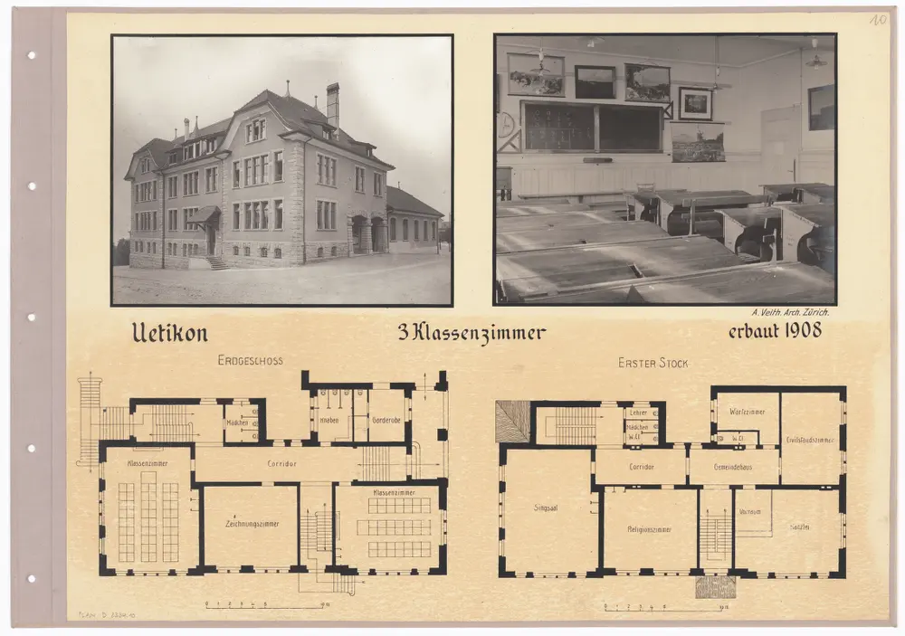 Schulhäuser des Kantons Zürich: Uetikon am See, Schulhaus; Grundrisse und Fotos des Gebäudes