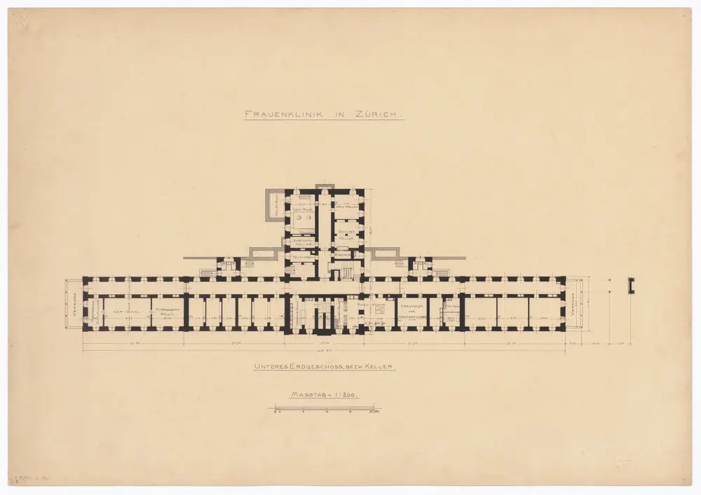 Kantonale Frauenklinik: Keller und unteres Erdgeschoss; Grundriss
