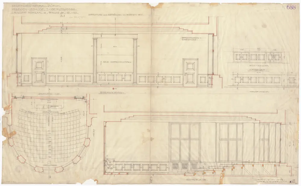 Universität Zürich, Kollegiengebäude, Rämistrasse 71: 1. Stock, grosser Hörsaal Raum Nr. 101; Wandansichten, Grundriss und Schnitt