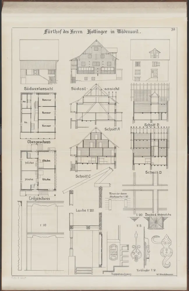 Das Bauernhaus im Kanton Zürich: Wädenswil: Furthof von Herrn Hottinger; Ansichten, Grundrisse und Querschnitte (Nr. 70)