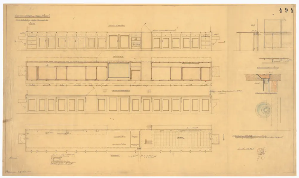 Universität Zürich (Chemisches Institut) und Kantonsschule Zürich, Neubau Rämistrasse 76: Abteilung Hochschule, Tische: Experimentiertisch im grossen Hörsaal; Ansichten und Schnitte