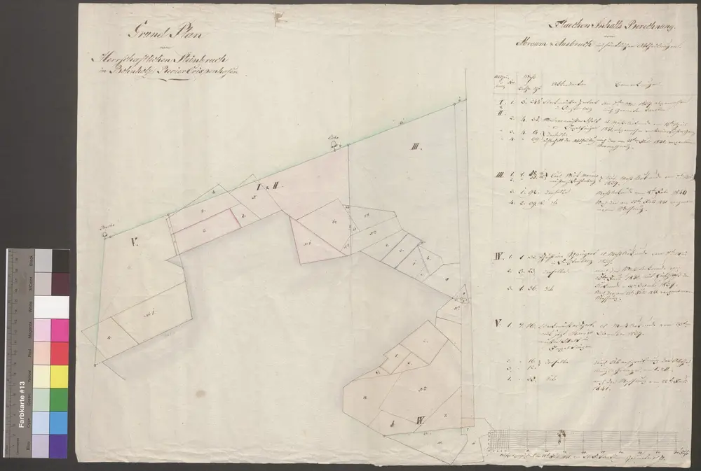 HZAN GA 100_Nr. 48_ : Crispenhofen; "Grundplan vom ... Steinbruch im Bohnholz";Geometer Pantlen;100 Fuß = 18,2 cm;60 x 45 cm;Papier; Federzeichnung;Einteilung der Feldstücke in Wasserfarben; rechts Inhaltsberechnung.