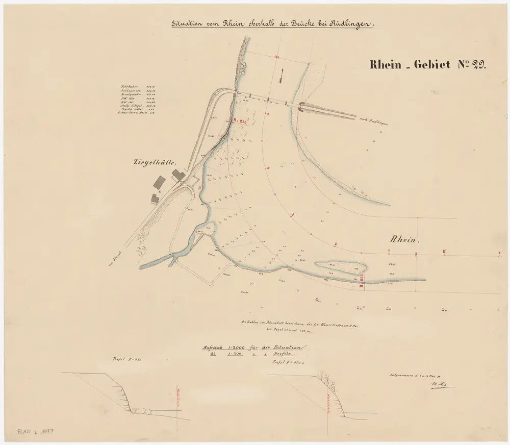 Flaach, Rüdlingen SH: Rhein oberhalb der Brücke in Rüdlingen, projektierte Korrektion; Situationsplan (Rhein-Gebiet Nr. 29)