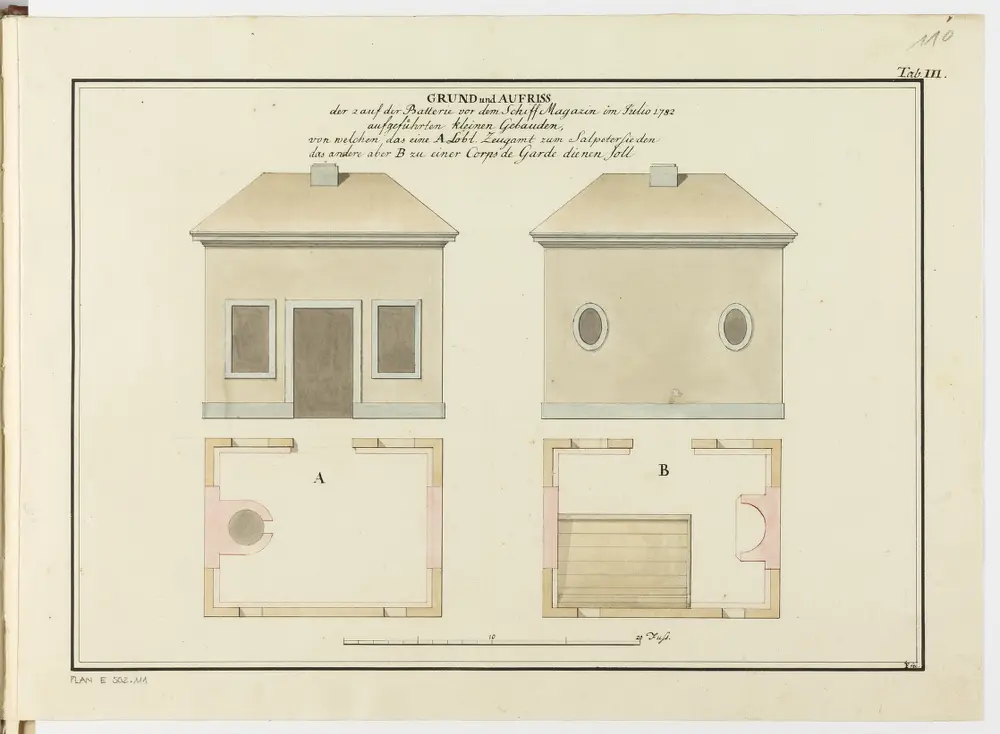 Zürich: Dem Spital Zürich gehörende Lehen in den Fortifikationswerken; Ansichten, Grundrisse und Schnitte: Zwei Gebäude auf Batterie vor dem Schiffschuppen; Ansicht und Grundriss