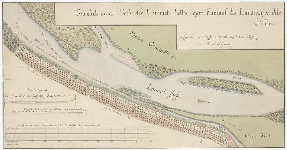 Altstetten bis Oberengstringen: Limmat vom Altstetter Werd bis zum oberen Werd, mit Einmündung des Landsrainmühle-Giessen (Engstringer Fabrikkanal); Situationsplan und Querschnitt