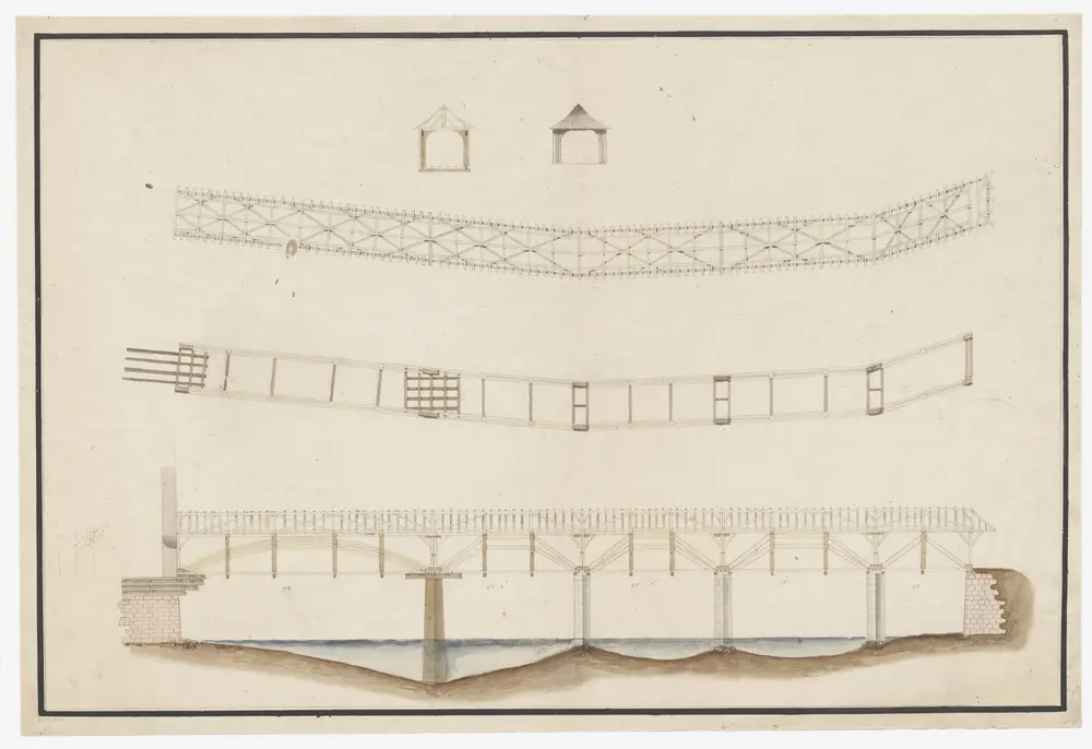 Eglisau: Projektierte Rheinbrücke, Holzkonstruktion; Grundrisse, Längs- und Querschnitte