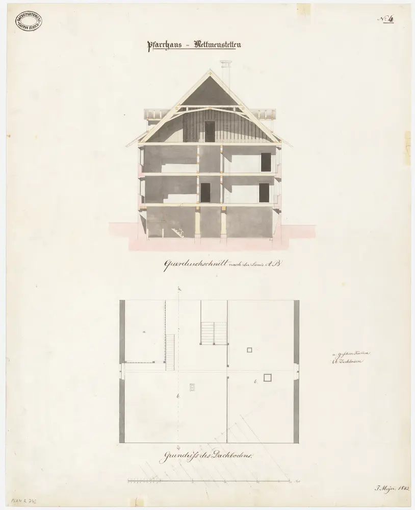 Mettmenstetten: Pfarrhaus; Grundriss des Dachbodens und Querschnitt (Nr. 4)