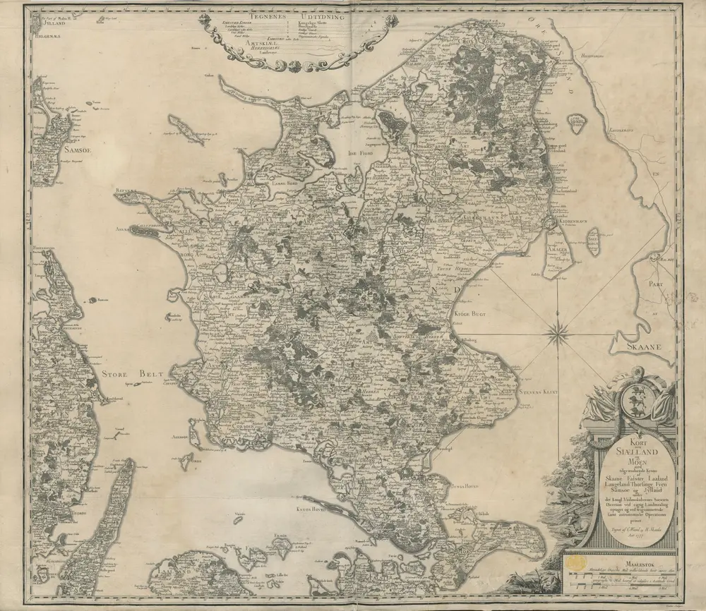 Kort over Siaelland og Moen med tilgraendsende Kyster af Skaane Falster Laaland Langeland Thorsinge Fyen Samsoe of Jylland under det Kongl: Viidenskabernes Societets Direction ved rigtig Landmaaling optaget, og ved trigonometriske samt astronomiske Operationer provet.