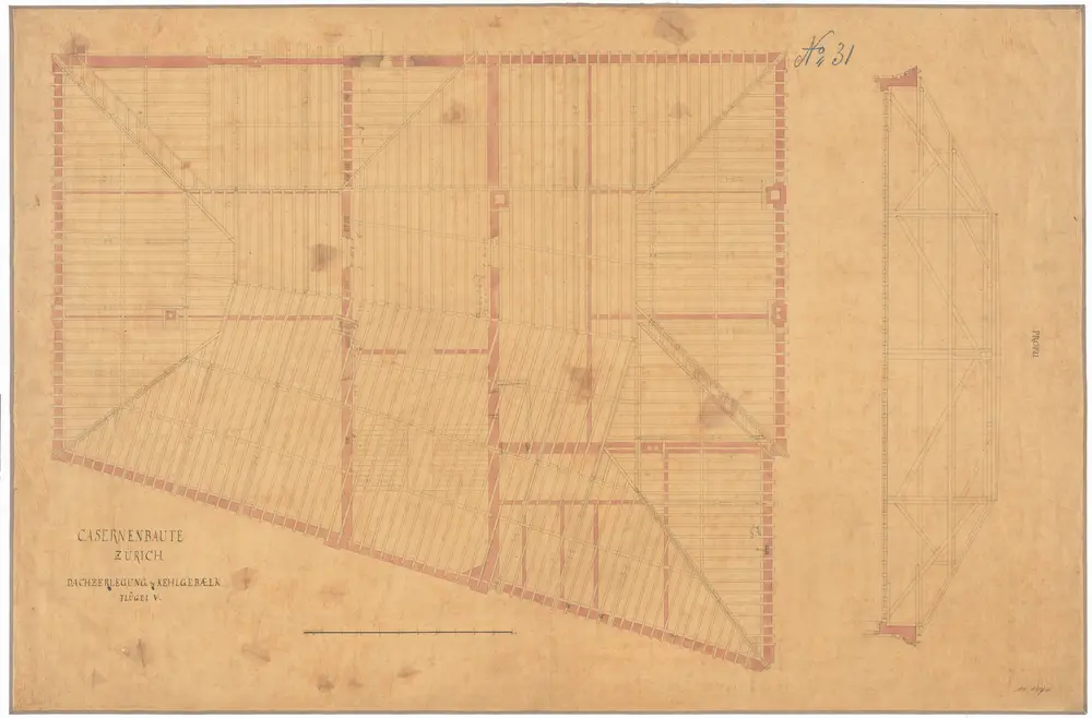 Projektierte Kaserne: Flügel V, Dachzerlegung und Kehlgebälk; Grundriss und Schnitt