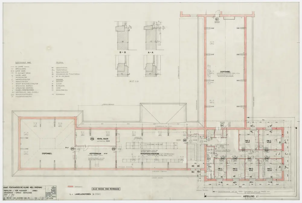 Psychiatrische Klinik Neu-Rheinau: Männergebäude L, Umbau; Grundrisse und Schnitte: Ostflügel, 1. Stock; Grundriss und Schnitte