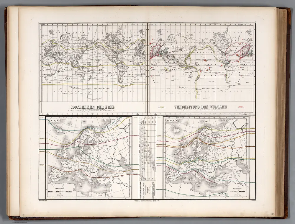 Isotherms of the earth. Spreading of the Volcanos. Trees and bush plants in Europe. Cultural plants in Europe.