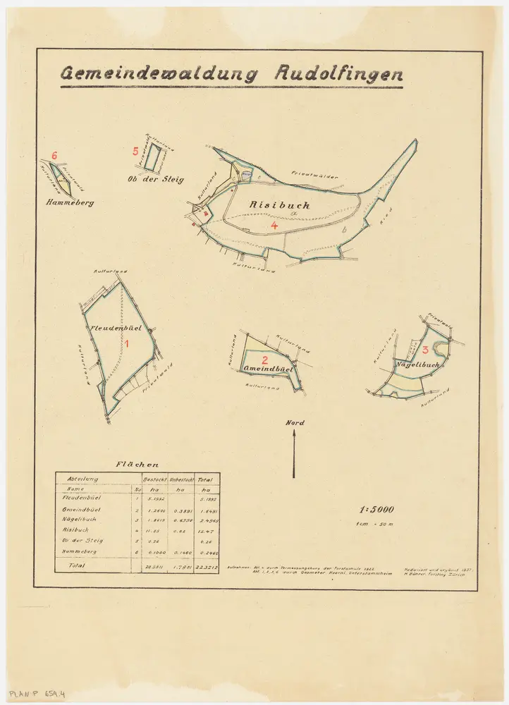 Trüllikon, Marthalen: Gemeindewaldung Rudolfingen: Hamenberg (Hammeberg, Hammenberg), Obersteig (Ob der Steig), Risibuck, Fleudenbüel (Fleudenbühel), Gemeindebüel (Gemeindebühel), Nägelibuck; Grundrisse