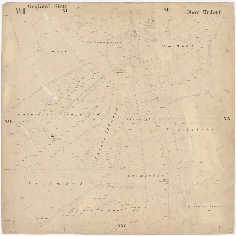 Oberurdorf: Gemeinde; Katasterpläne: Blatt XVIII: Bölisbaumgarten, Obermatt, Im Boll (Bohl), Untere Stierenweid, Innere Allmend, Leirüti (Leimrüthi), Tisliboll (Tislibohl), Stockmatt, Tüchelroos (Teuchelroos) und Ristetmatt (Ristelmatten); Situationsplan