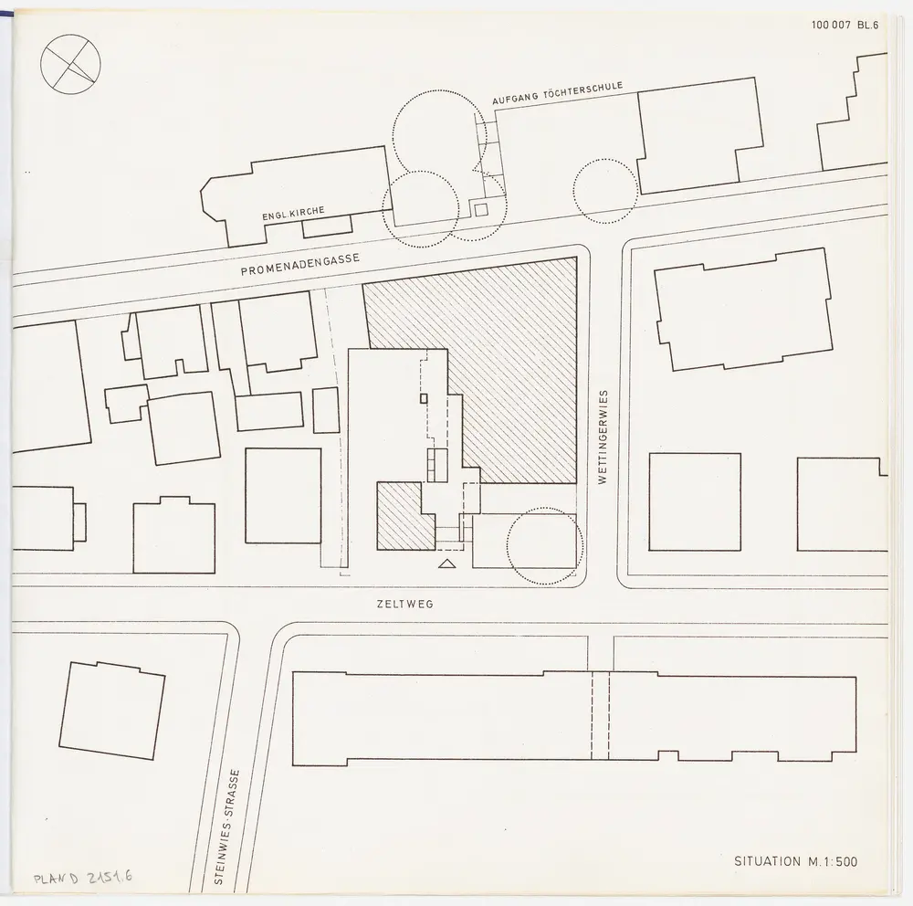 Staatsarchiv des Kantons Zürich, projektierter Neubau zwischen Zeltweg, Wettingerwies und Promenadengasse: Generelle Studie: Situationsplan