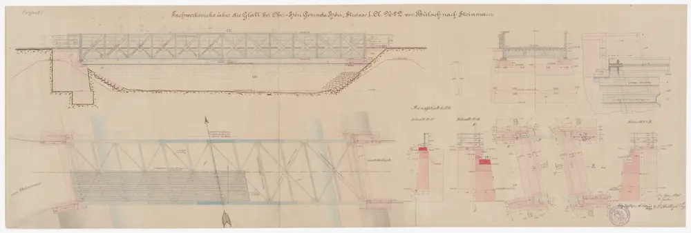 Höri: Fachwerkbrücke über die Glatt in Oberhöri; Seitenansicht, Grundriss und Schnitte