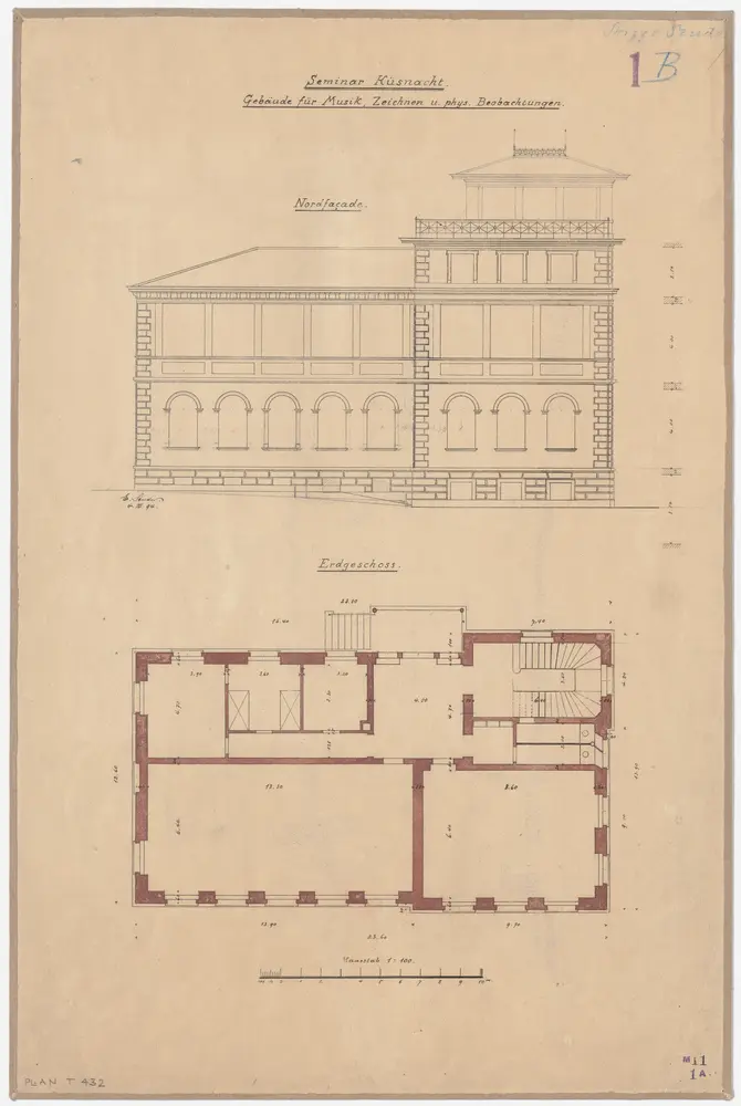 Küsnacht: Lehrerseminar; Gebäude für Musik, Zeichnen und physikalische Beobachtungen; Ansicht der Nordfassade und Grundriss des Erdgeschosses