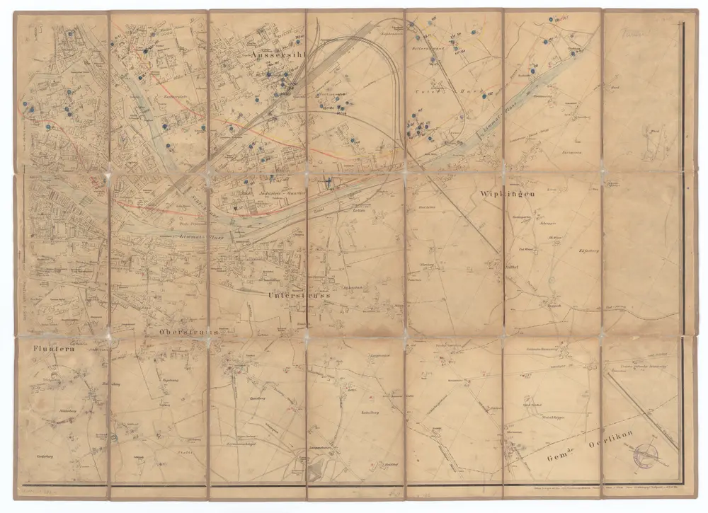 Übersichtsplan der Stadt Zürich und Umgebung: Teilplan unten rechts: Stadtzentrum, Fluntern, Oberstrass, Unterstrass, Wipkingen, Aussersihl, Industriequartier