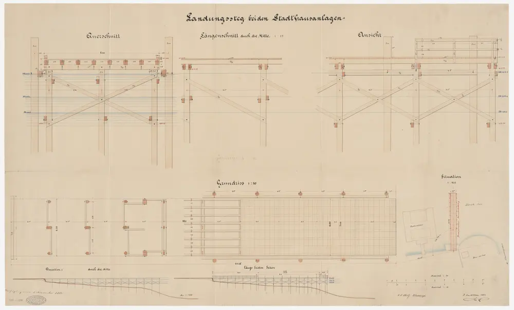 Zürich: Bei den Stadthausanlagen, linkes Zürichseeufer, provisorischer Dampfschiffsteg; Situationsplan, Ansicht, Grundriss, Querschnitt und Längsschnitt (Zürichsee-Gebiet Nr. 12)