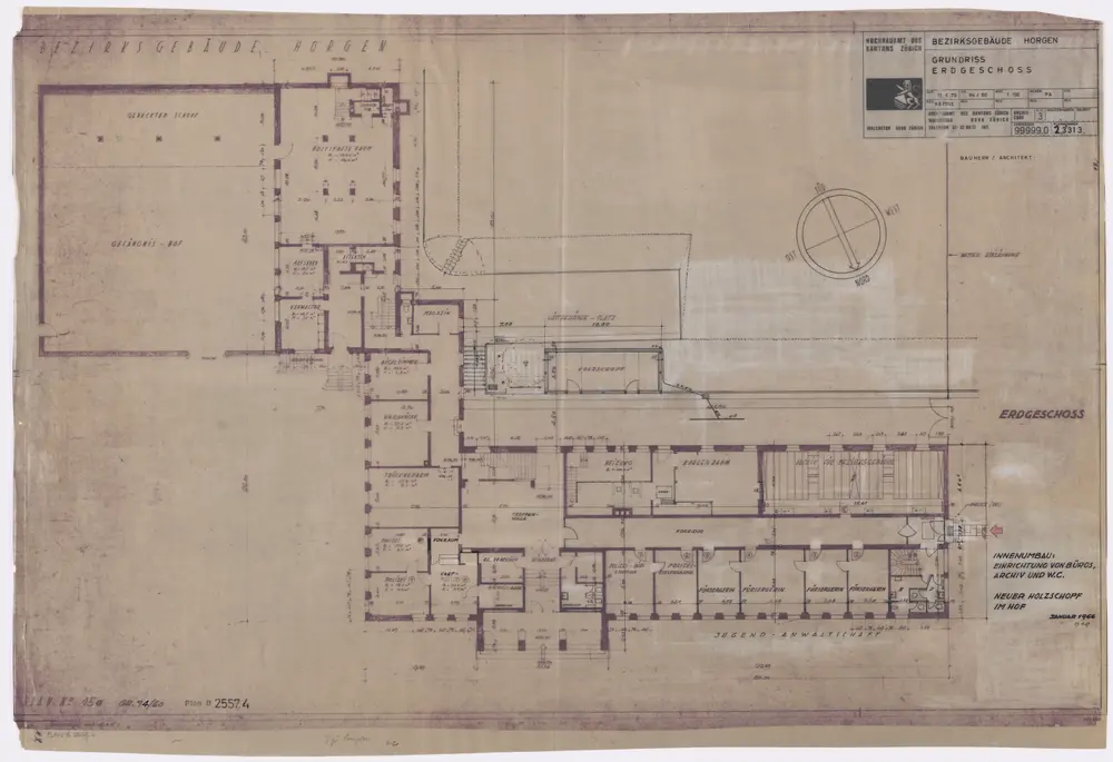 Horgen: Bezirksgebäude: Erdgeschoss, mit Einrichtung von Büros, Archiv und WC; Grundriss