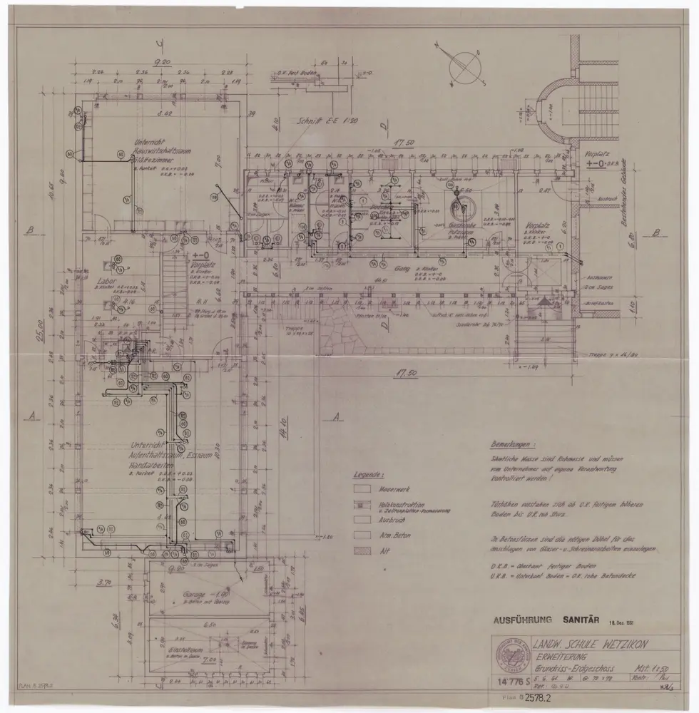 Wetzikon: Landwirtschaftliche Schule Oberland, Erweiterung, Ausführung Sanitär: Erdgeschoss; Grundriss