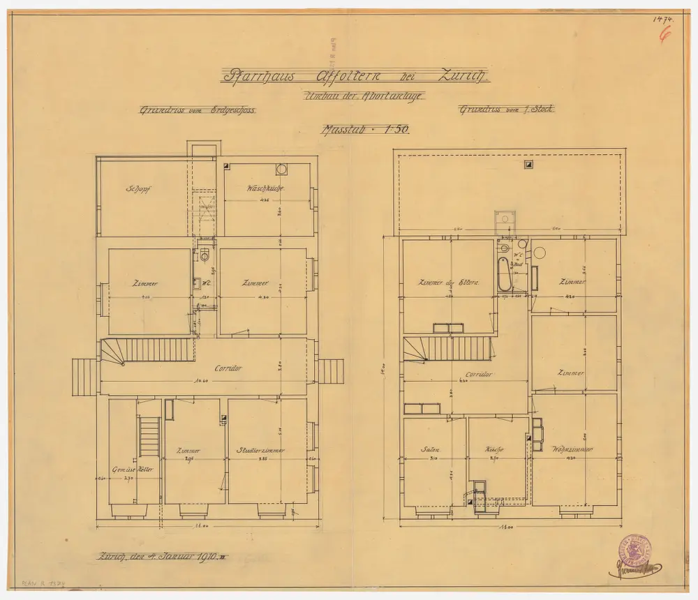 Affoltern bei Zürich: Pfarrhaus, Erdgeschoss und 1. Stock; Grundrisse (Nr. 6)