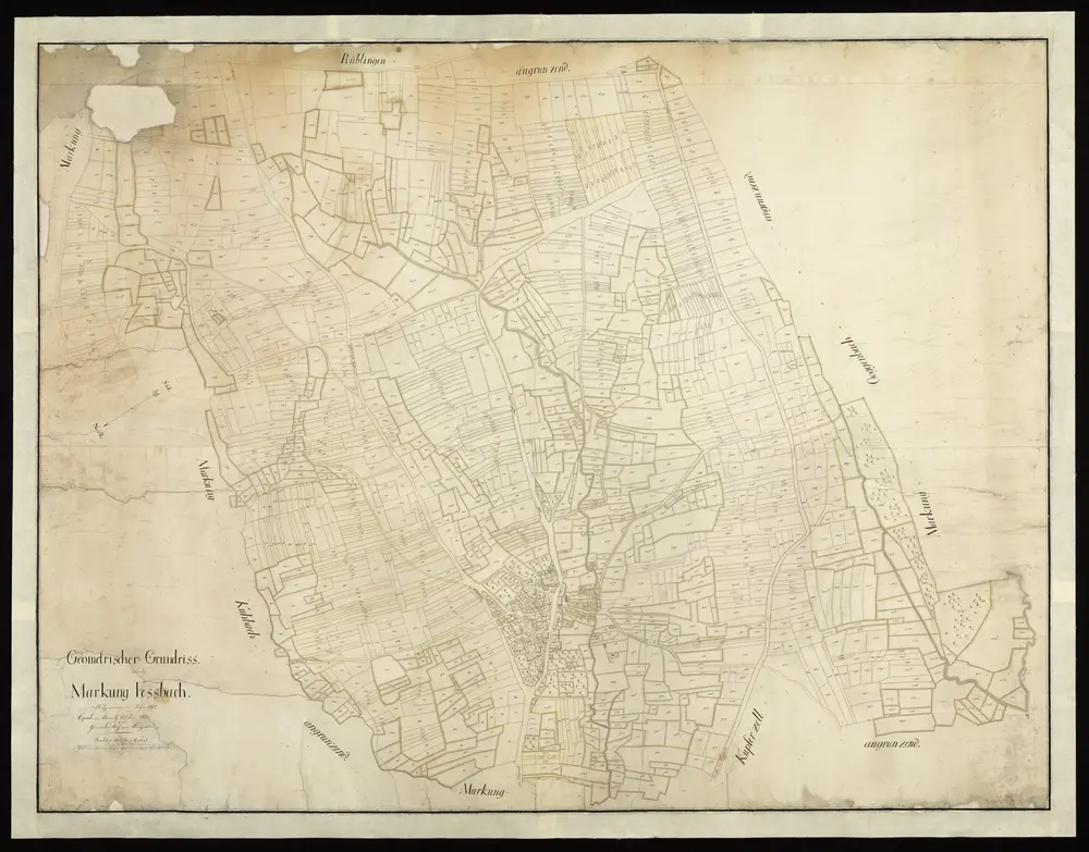 HZAN GA 100_Nr. 70_ : Feßbach (Kr. Öhringen); "Geometrischer Grundriß über die Markung";1817, copiert 1823;Geometer Koch, Künzelsau;100 Ruten = 11,2 cm [30 cm = 1 km];140 x 107 cm; Norden unten nach links;Papier; Federzeichnung; Felder, Wald, Siedlung in Wasserfarben; Grundstücke nummeriert.