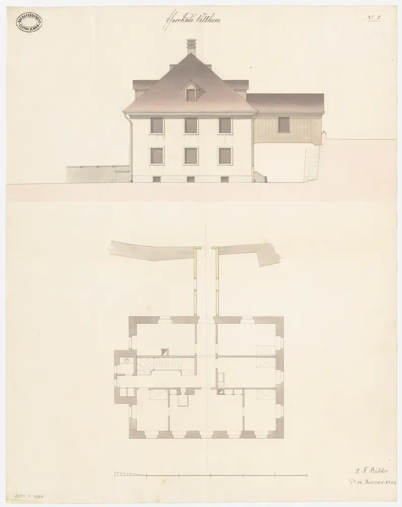 Veltheim: Pfarrhaus; Grundriss des 1. Stocks und Ansicht (Nr. 5)