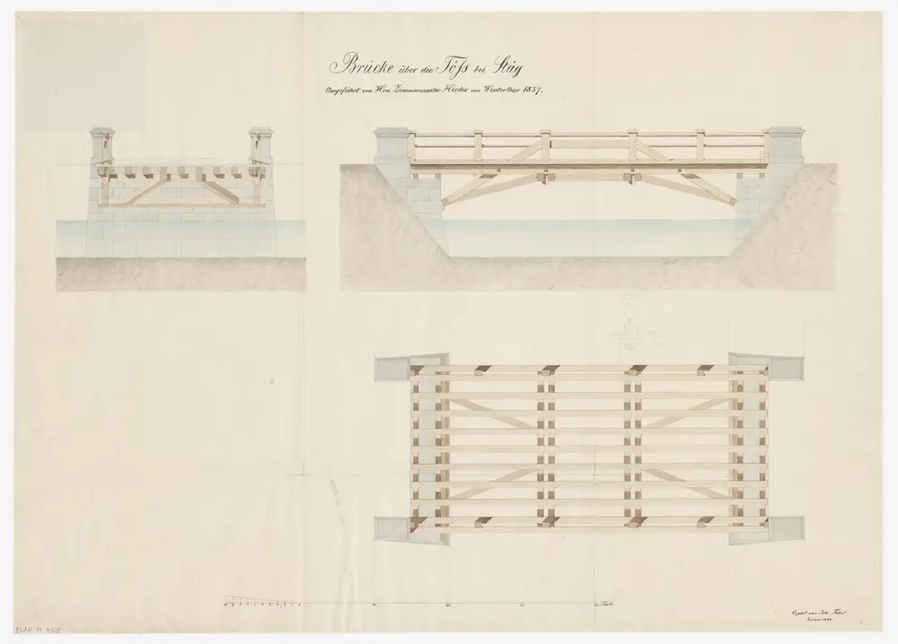 Fischenthal: Hölzerne Brücke über die Töss bei Steg; Seitenansicht, Grundrisse und Schnitt